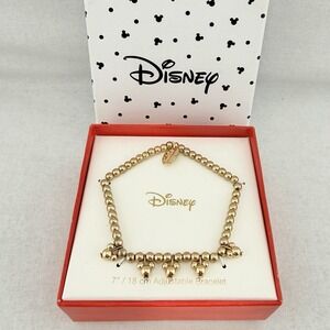 Disney Mickey Mouse Charm Bracelet Gold Tone 7"/18cm Stretch New with Gift Box